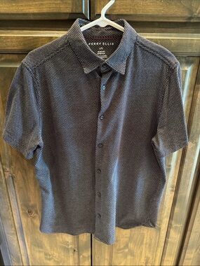Like new Perry Ellis Black Diamond Print Shirt Slim Fit Stretch L $59!